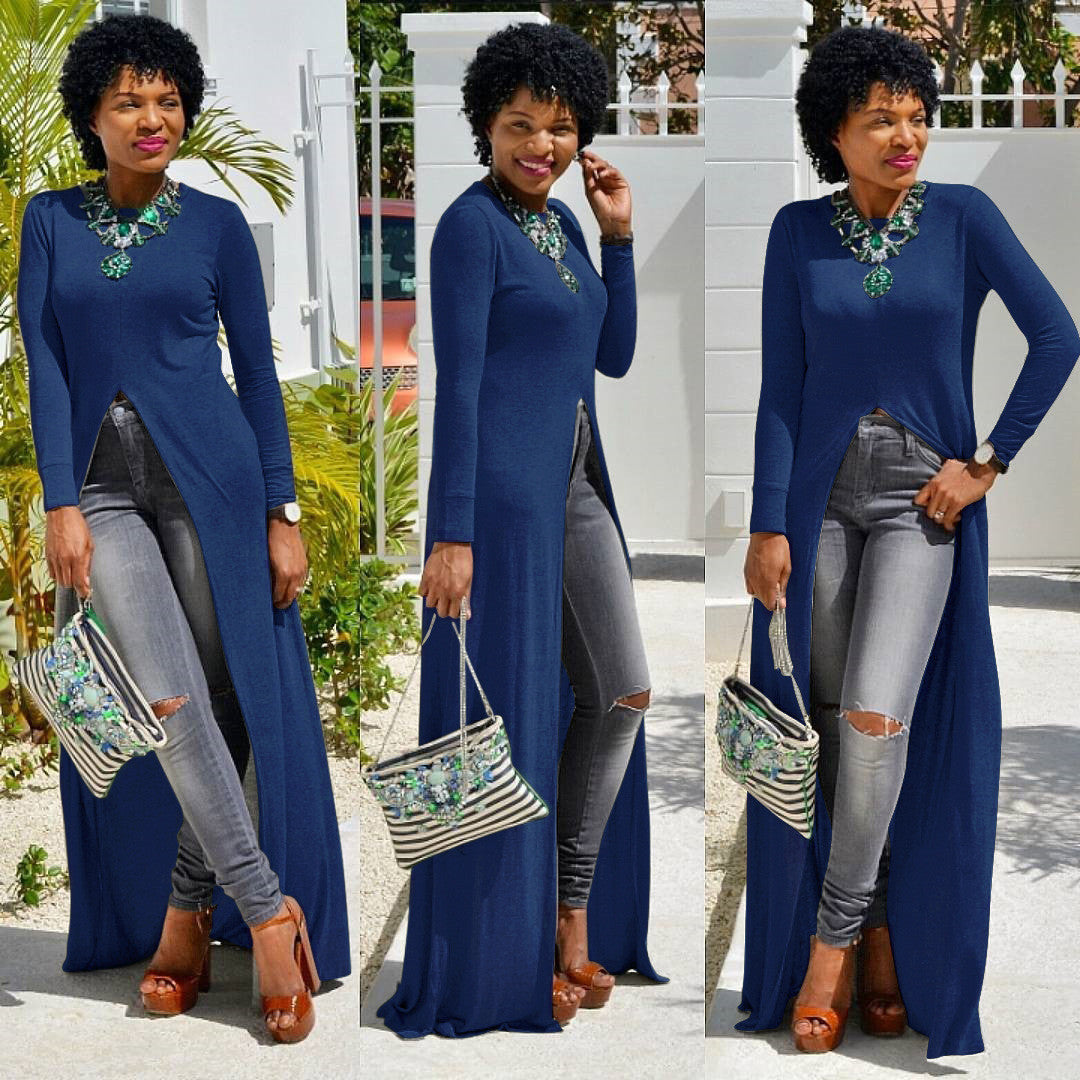 Irregular Long Sleeves Pure Color Split Long Dress