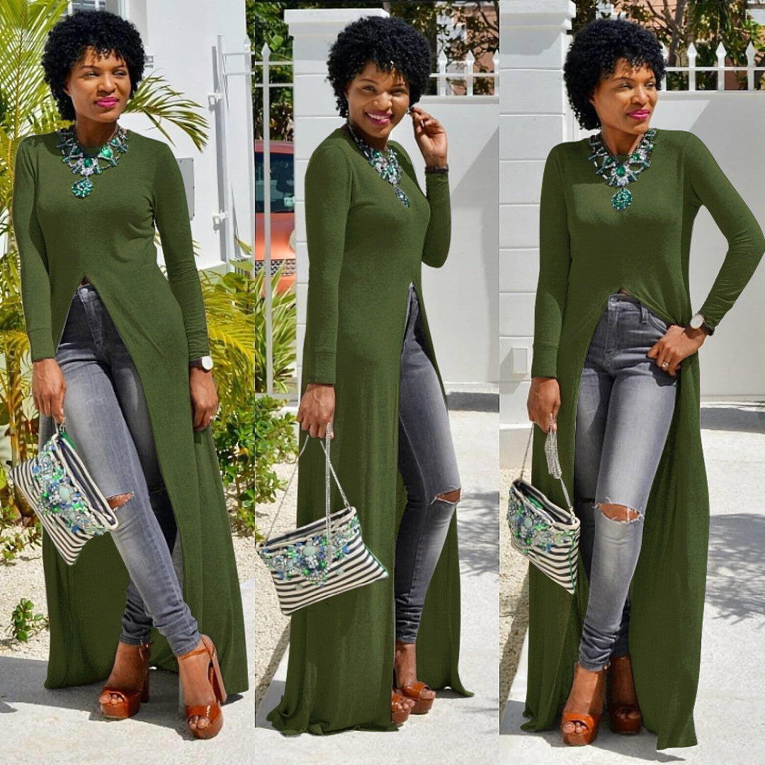 Irregular Long Sleeves Pure Color Split Long Dress