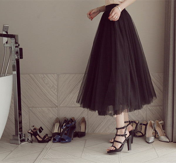 High Waist Pure Color Mesh Pleated Long Skirt