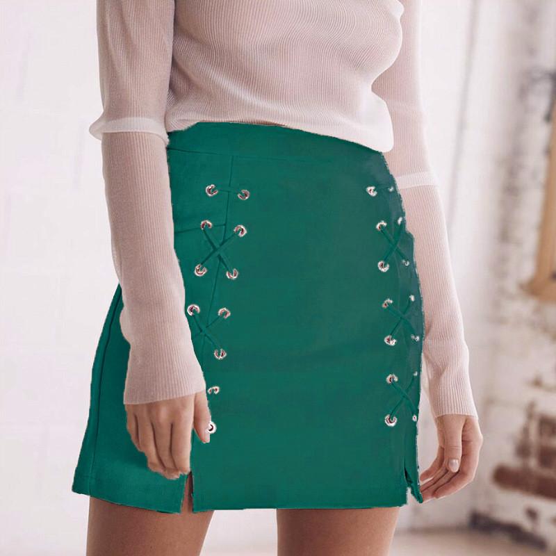 Suede Lace Up Pure Color Split Short Skirt