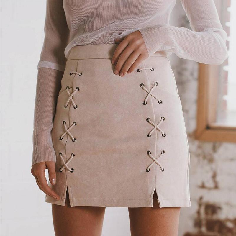 Suede Lace Up Pure Color Split Short Skirt