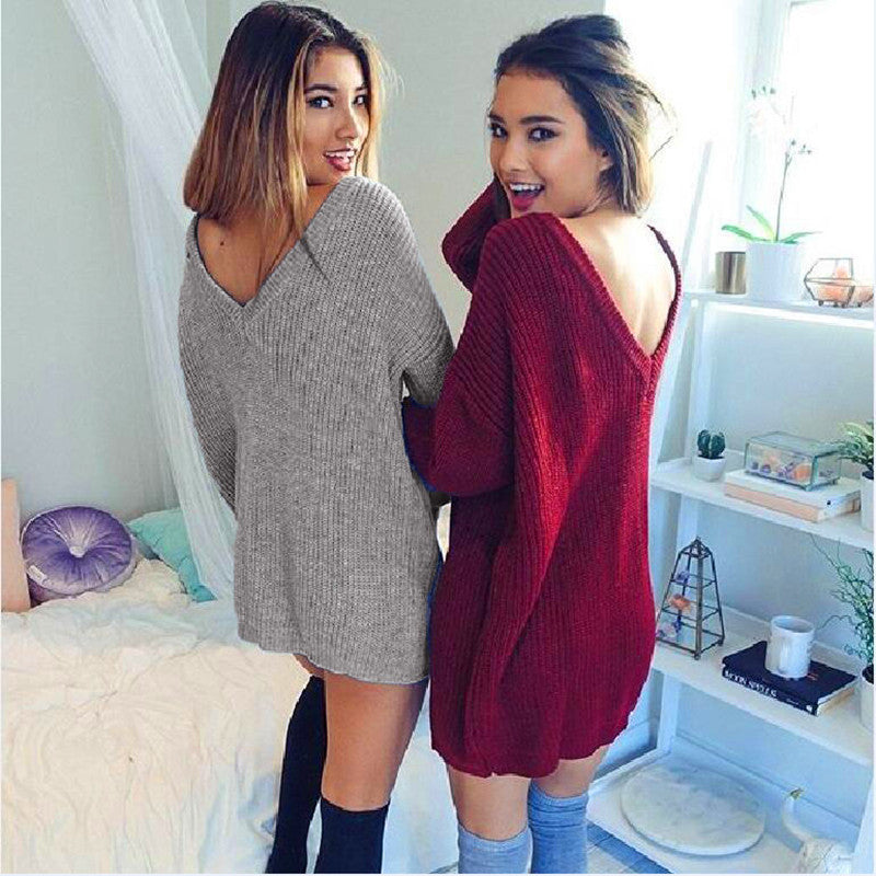Fashion Pure Color Back Deep V Sweater Dress