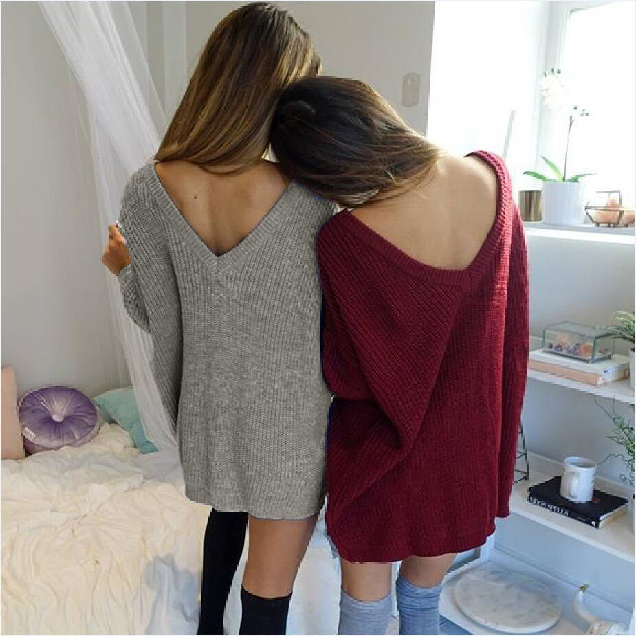 Fashion Pure Color Back Deep V Sweater Dress