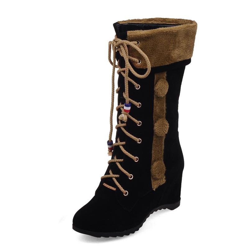 Round Toe Lace Up Faux Fur Decorate Inside Heels Half Boots