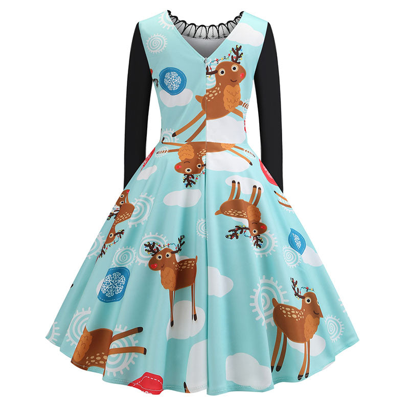Retro Christmas Lace Splice Reindeer Swing Dress