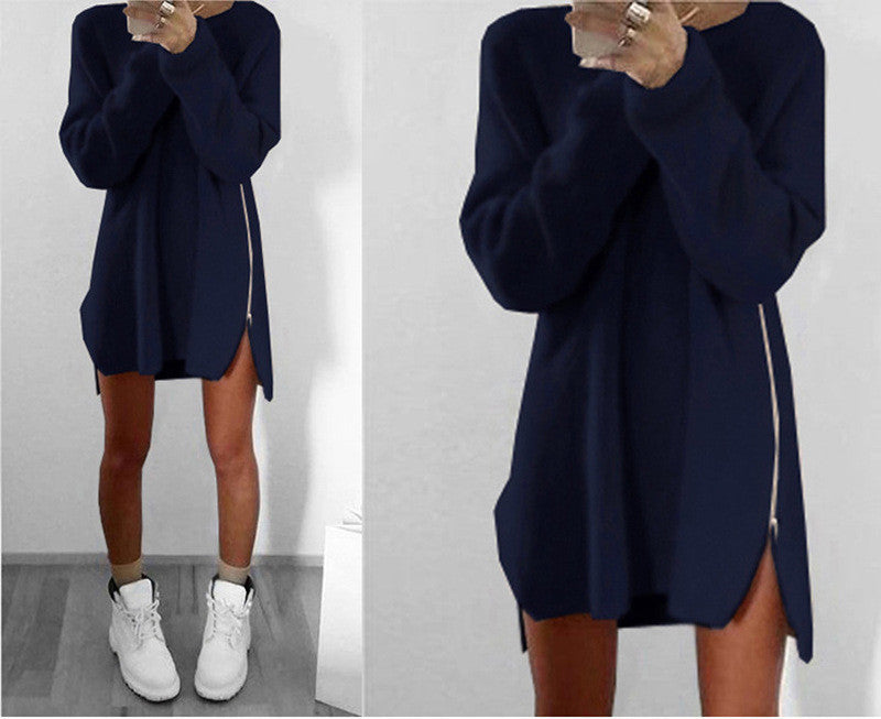 Leisure Loose Side Zipper Long Sweater Dress