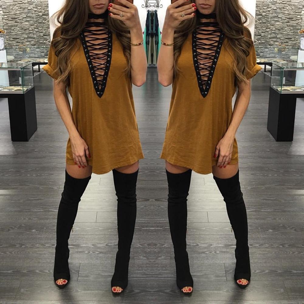 Pure Color Straps Hollow Out Half Sleeves V-neck Loose Short Dress