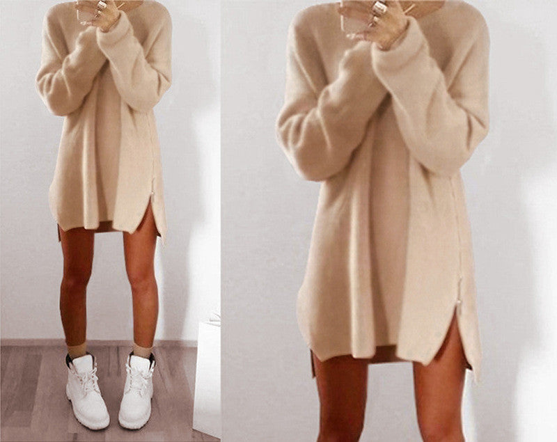 Leisure Loose Side Zipper Long Sweater Dress