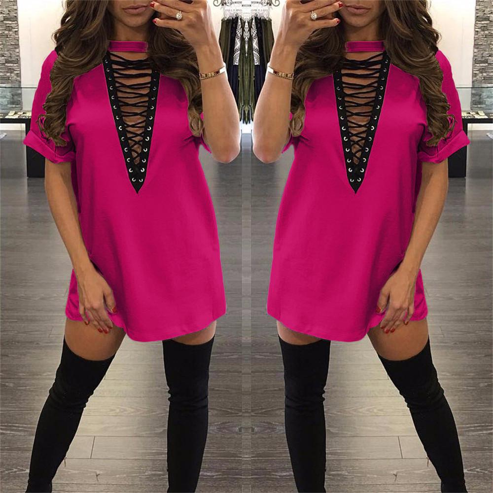 Pure Color Straps Hollow Out Half Sleeves V-neck Loose Short Dress