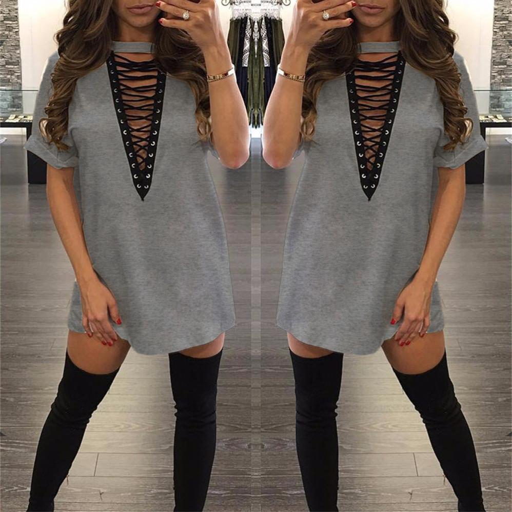 Pure Color Straps Hollow Out Half Sleeves V-neck Loose Short Dress