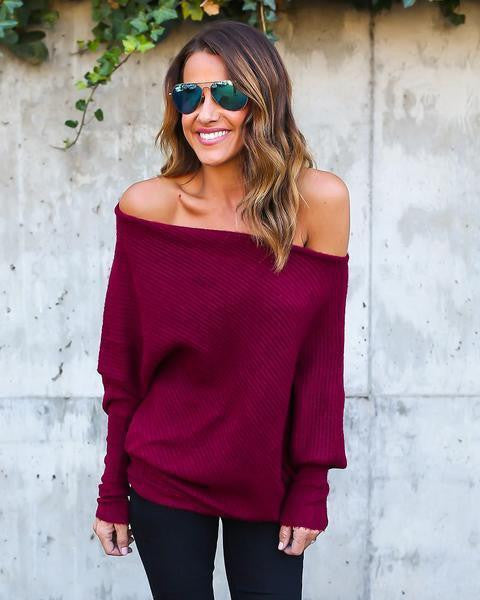 Fashion Loose Plus Size Bat Sleeve Boat Neck Knit Sweater