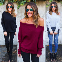 Fashion Loose Plus Size Bat Sleeve Boat Neck Knit Sweater