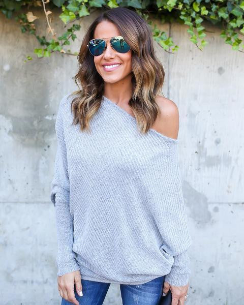 Fashion Loose Plus Size Bat Sleeve Boat Neck Knit Sweater