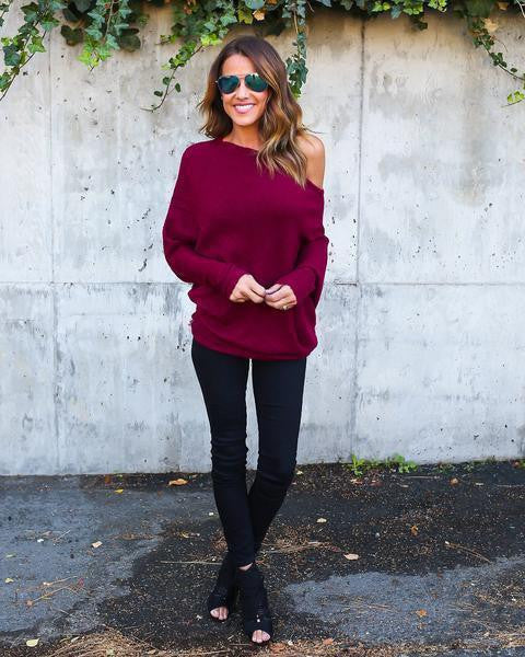 Fashion Loose Plus Size Bat Sleeve Boat Neck Knit Sweater