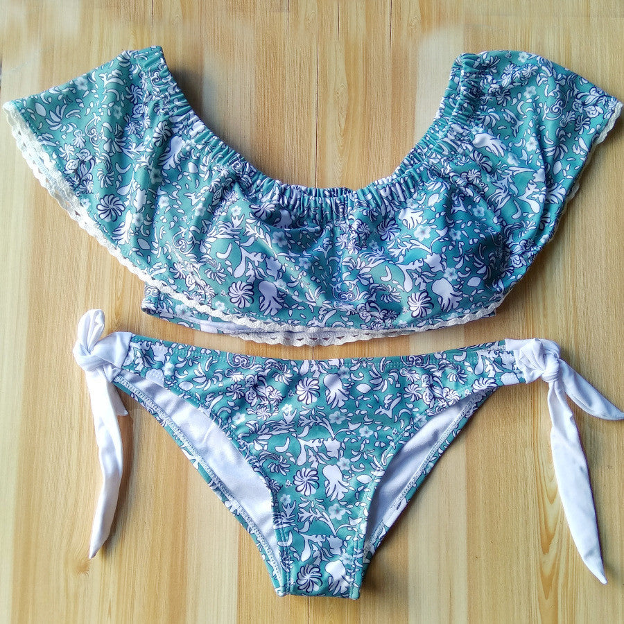Sexy Printed Off Shoulder Falbala Bikini