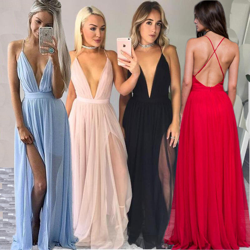 Pure Color Chiffon Spaghetti Strap Deep V-neck Split Long Dress