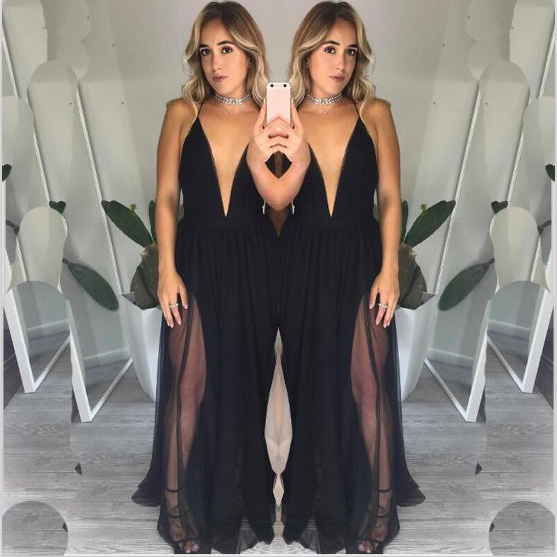 Pure Color Chiffon Spaghetti Strap Deep V-neck Split Long Dress