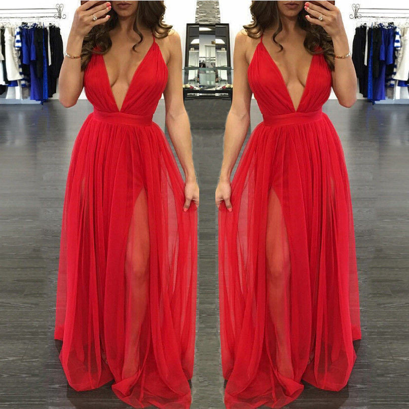 Pure Color Chiffon Spaghetti Strap Deep V-neck Split Long Dress