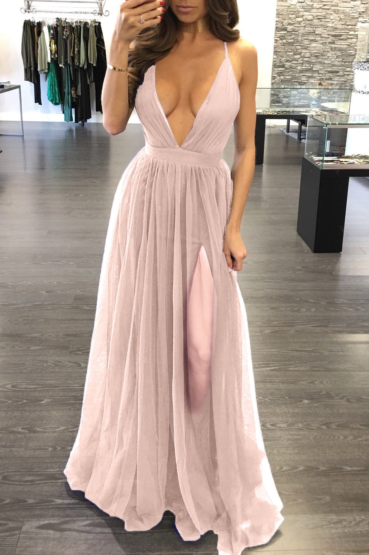 Pure Color Chiffon Spaghetti Strap Deep V-neck Split Long Dress