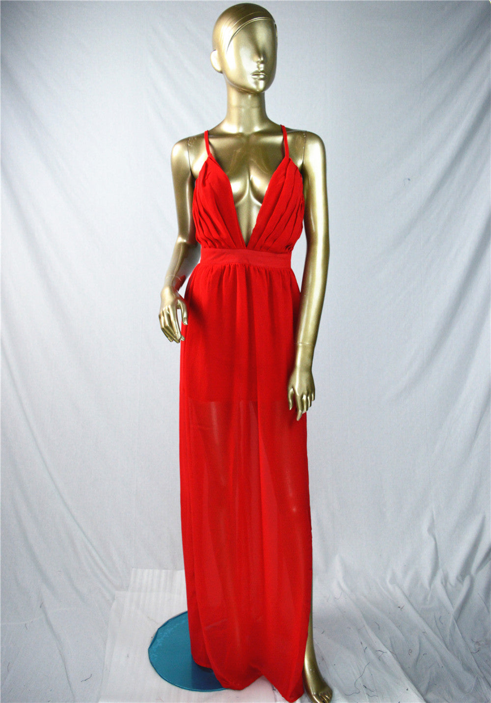 Pure Color Chiffon Spaghetti Strap Deep V-neck Split Long Dress