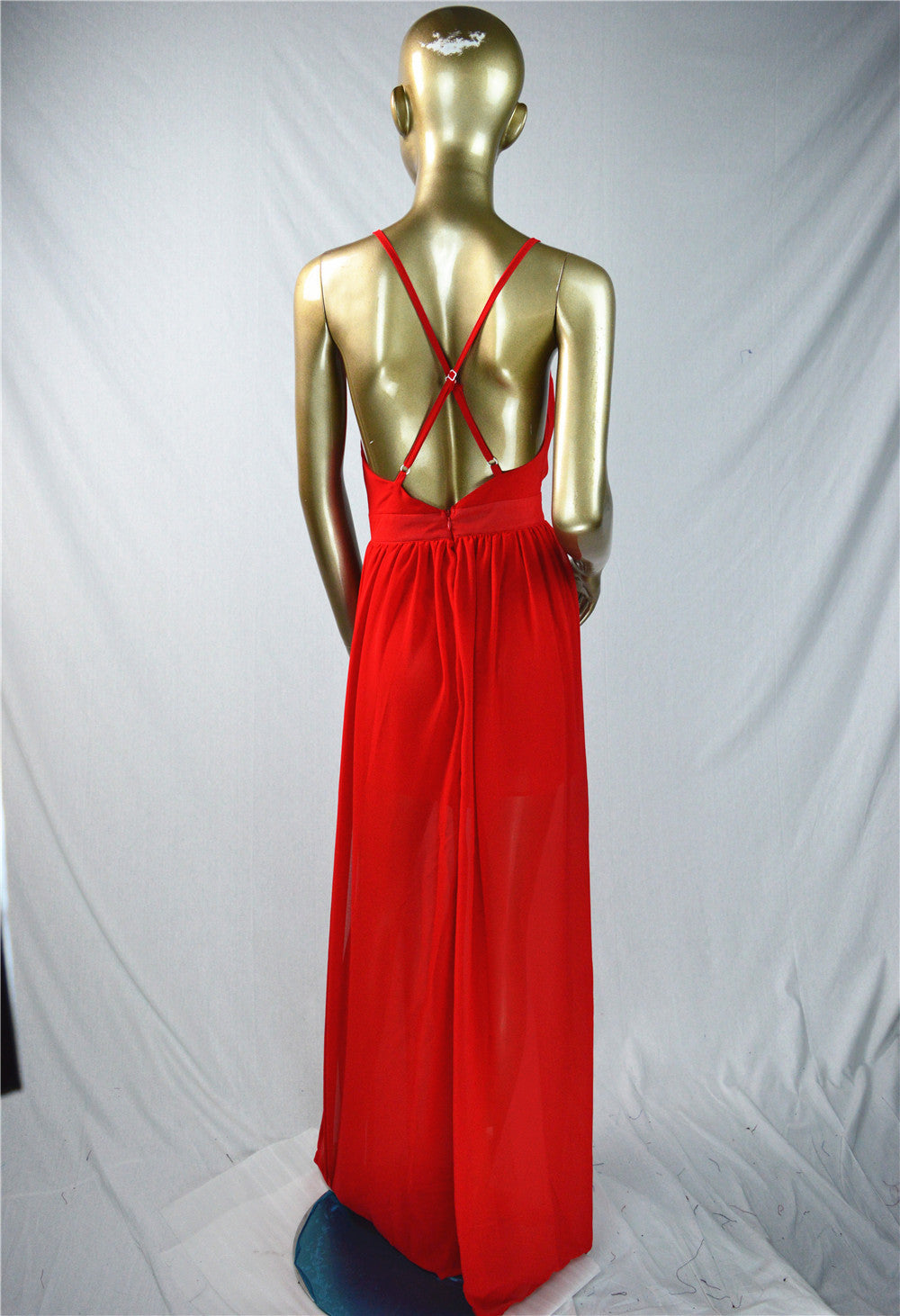 Pure Color Chiffon Spaghetti Strap Deep V-neck Split Long Dress