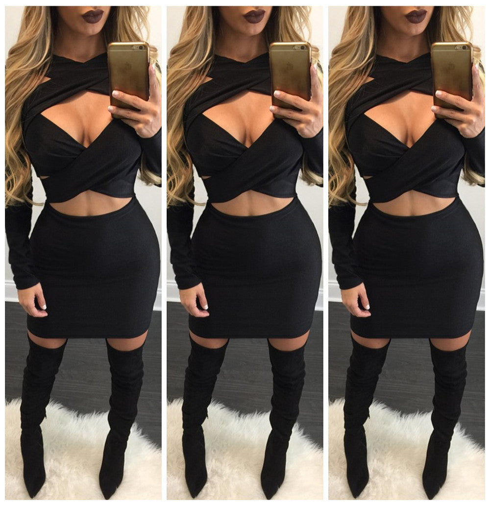 Cross Bandage Long Sleeve Short Bodycon Dress