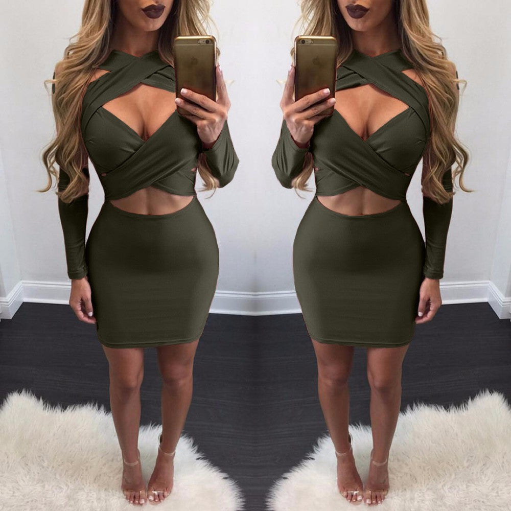 Cross Bandage Long Sleeve Short Bodycon Dress