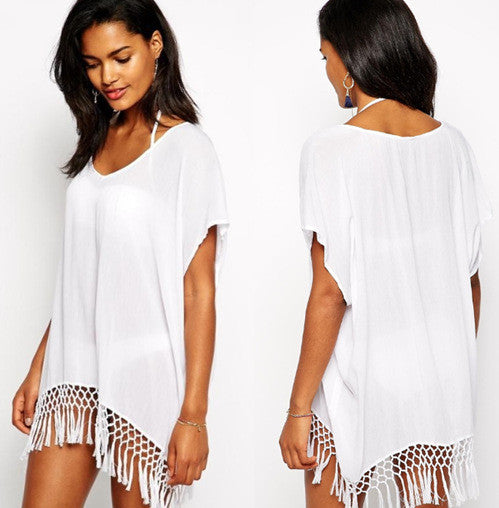 Halter V-neck White Tassels Short Cover Up Beach Dress
