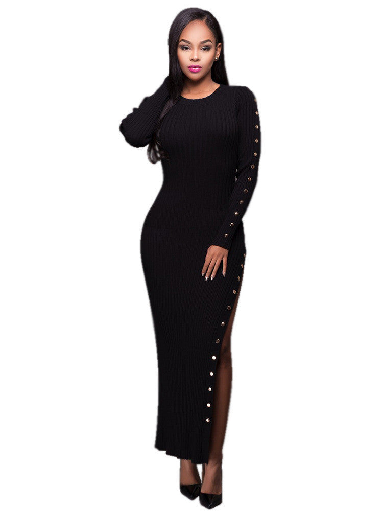 Sexy Stretchy Ribbed-Knit Side Split Rivets Long Dress
