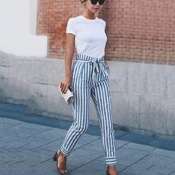 Striped Slim Strap Belt Long Skinny Casual Pants