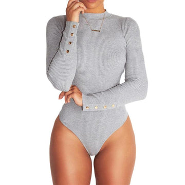 Sexy Knit High Neck Button Decorate Short Jumpsuit