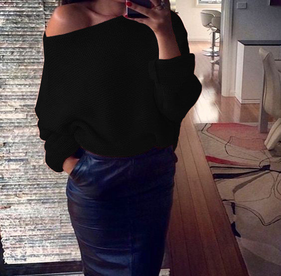 Off Shoulder Cross Grain Pure Color Sweater