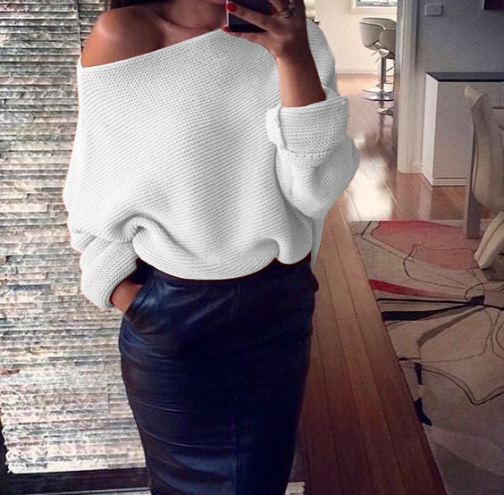 Off Shoulder Cross Grain Pure Color Sweater
