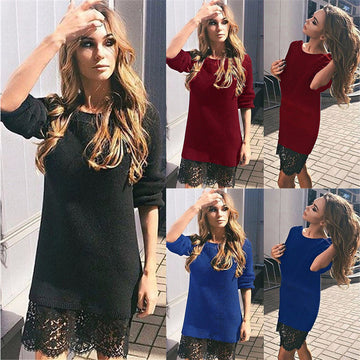 Fashion Lace Patchwork Long Sleeve Knee-length Dress