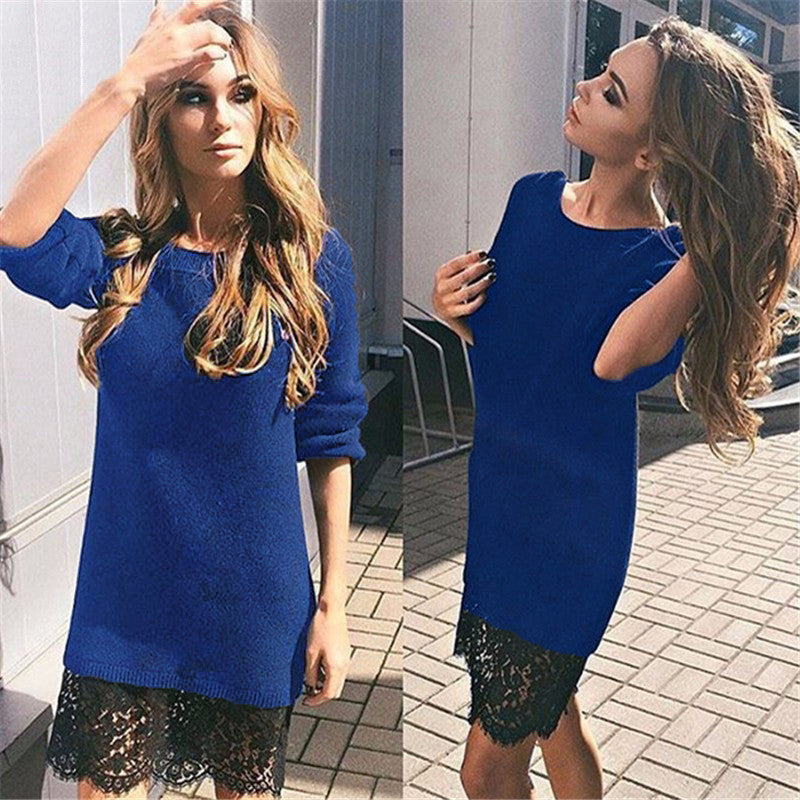 Fashion Lace Patchwork Long Sleeve Knee-length Dress