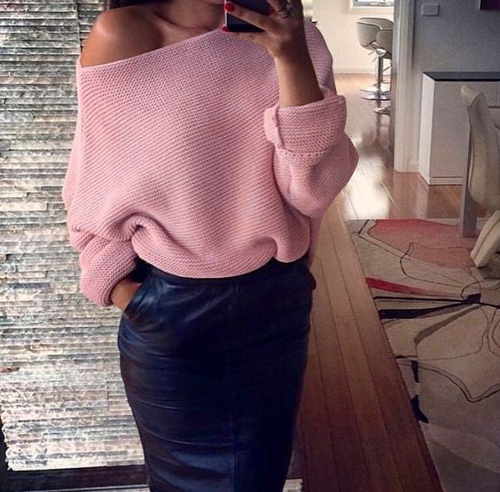 Off Shoulder Cross Grain Pure Color Sweater