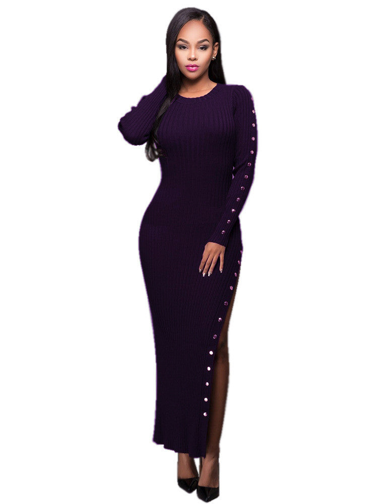 Sexy Stretchy Ribbed-Knit Side Split Rivets Long Dress