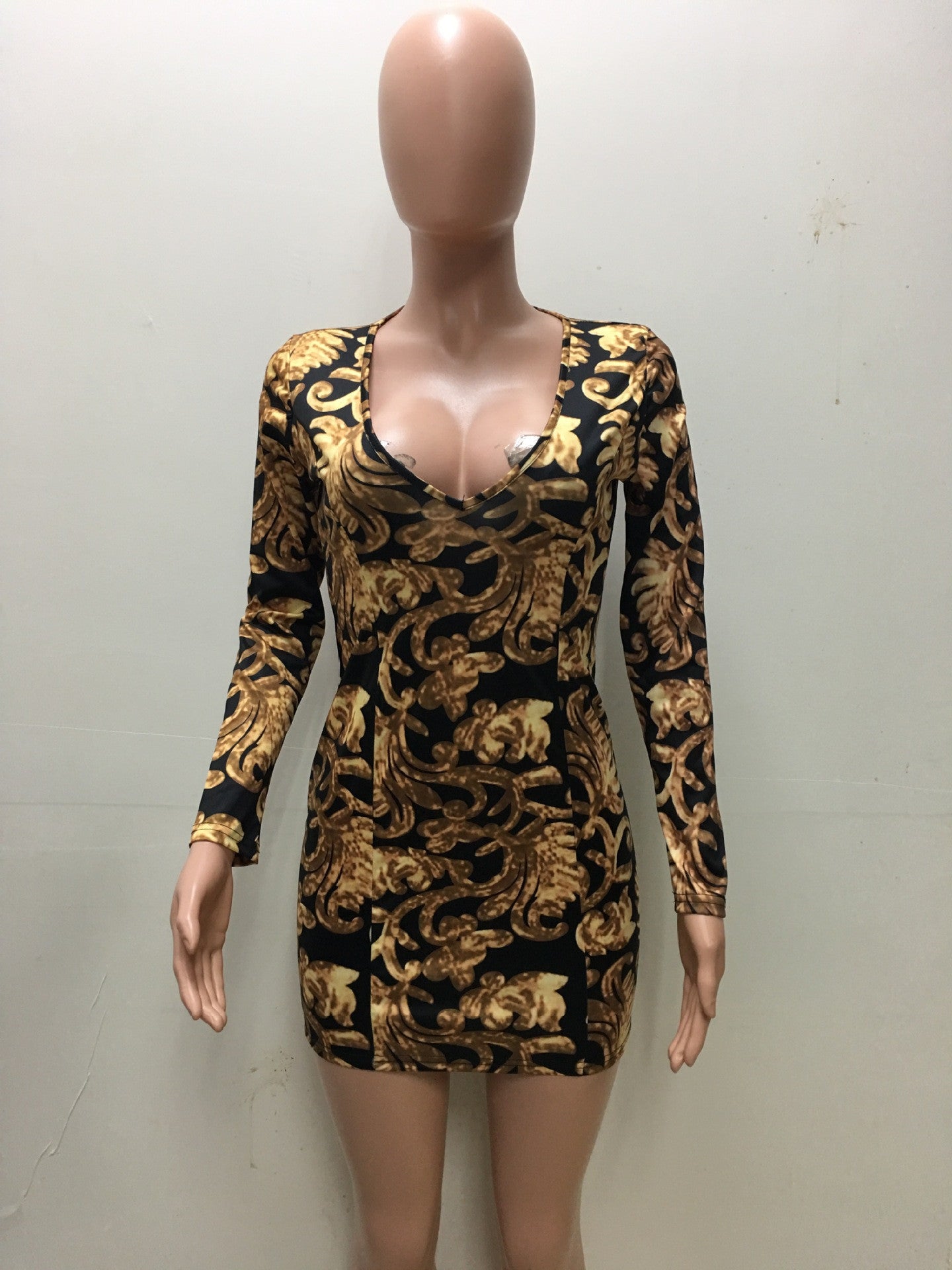Floral Print Deep V Neck Long Sleeve Bodycon Short Dress