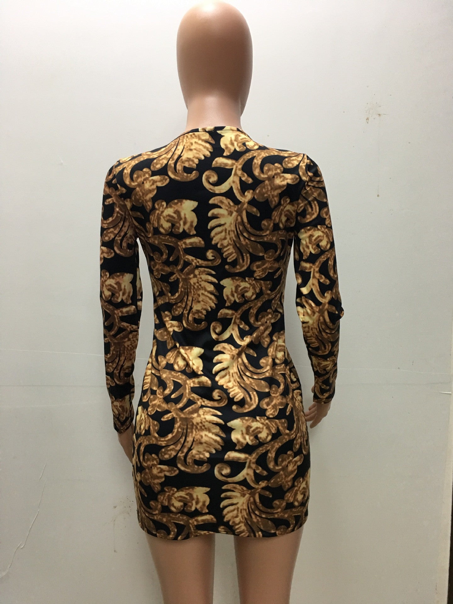 Floral Print Deep V Neck Long Sleeve Bodycon Short Dress