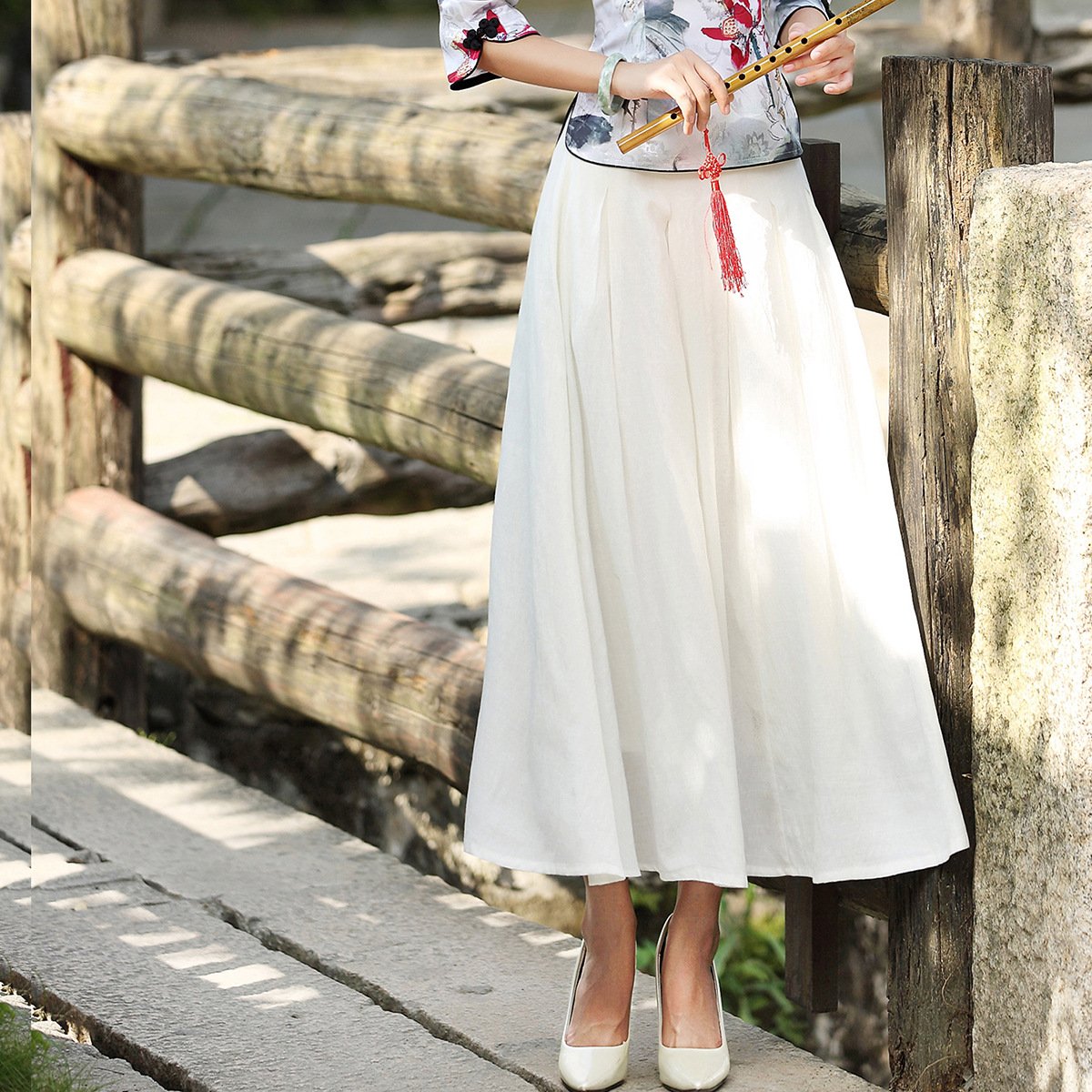 Retro High Waist Tea-length Pleated Long Swing Skirt