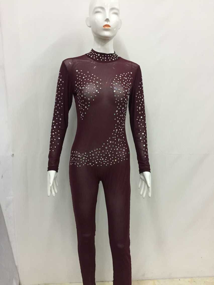 Sexy Long Sleeve Mesh Crystal See-Through Long Jumpsuits