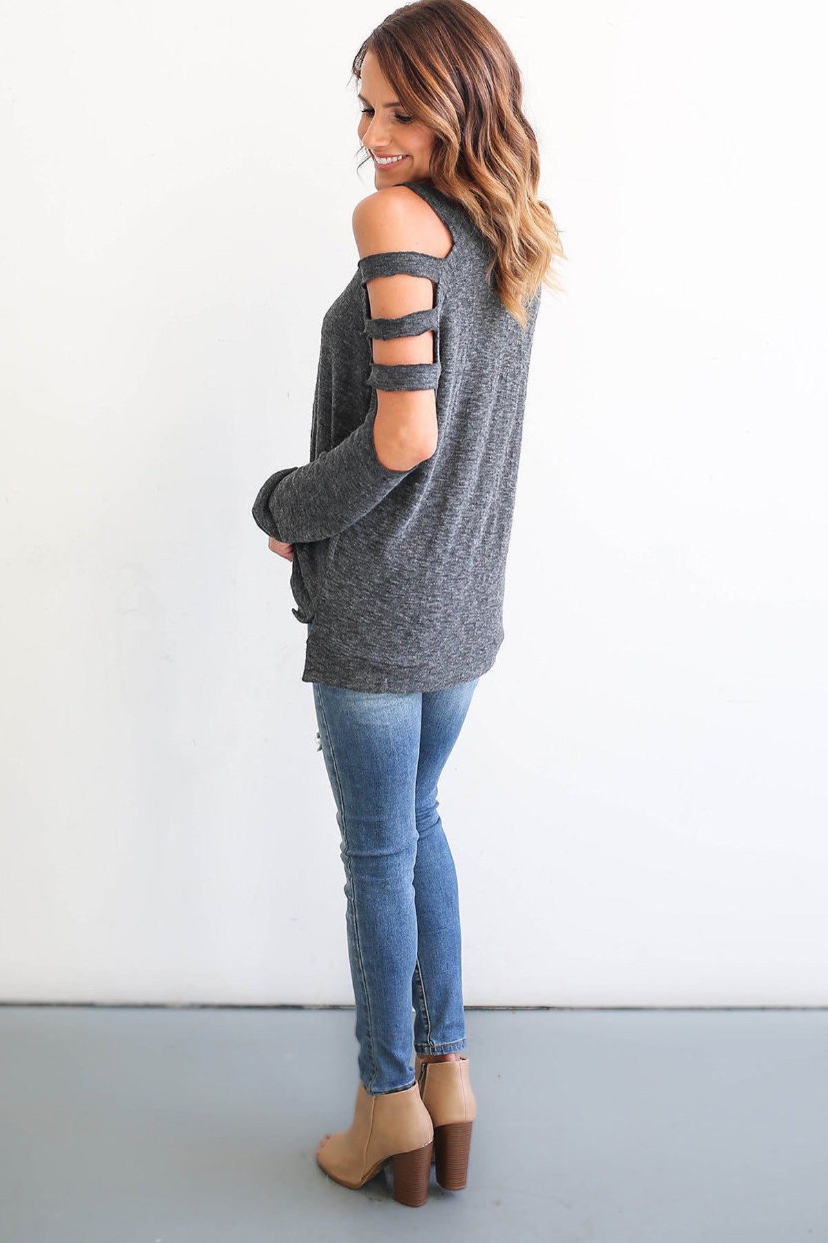Bear Shoulder Pure Color Hollow Out Long Sleeves T-shirt
