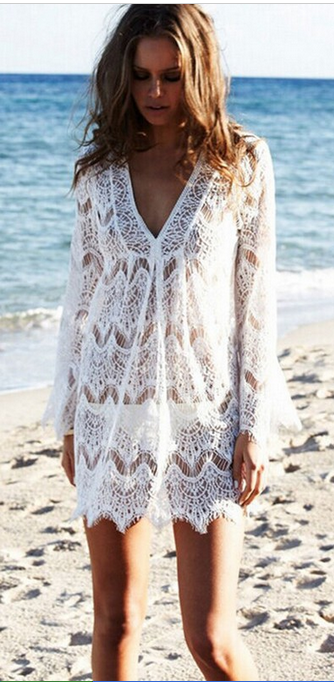 Lace V-neck Long Sleeve Short Bikini Cover Up Dress