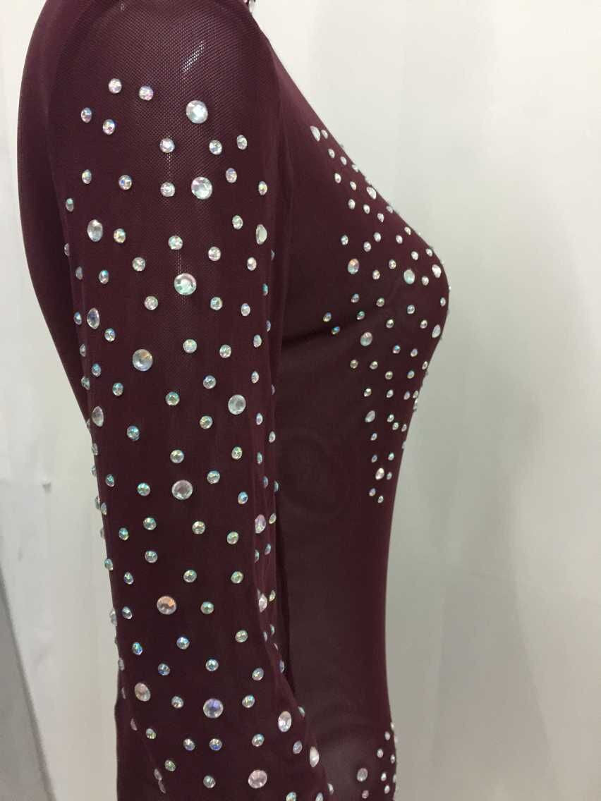 Sexy Long Sleeve Mesh Crystal See-Through Long Jumpsuits