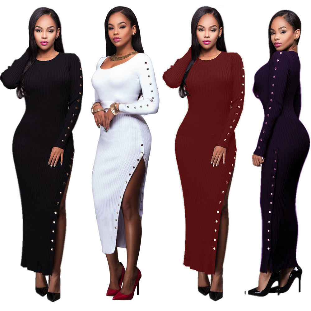 Sexy Stretchy Ribbed-Knit Side Split Rivets Long Dress