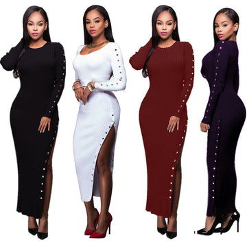 Sexy Stretchy Ribbed-Knit Side Split Rivets Long Dress