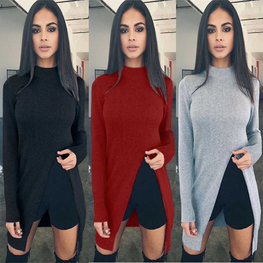 Fashion Front Split High Neck Long Sleeve Knit Long Sweater