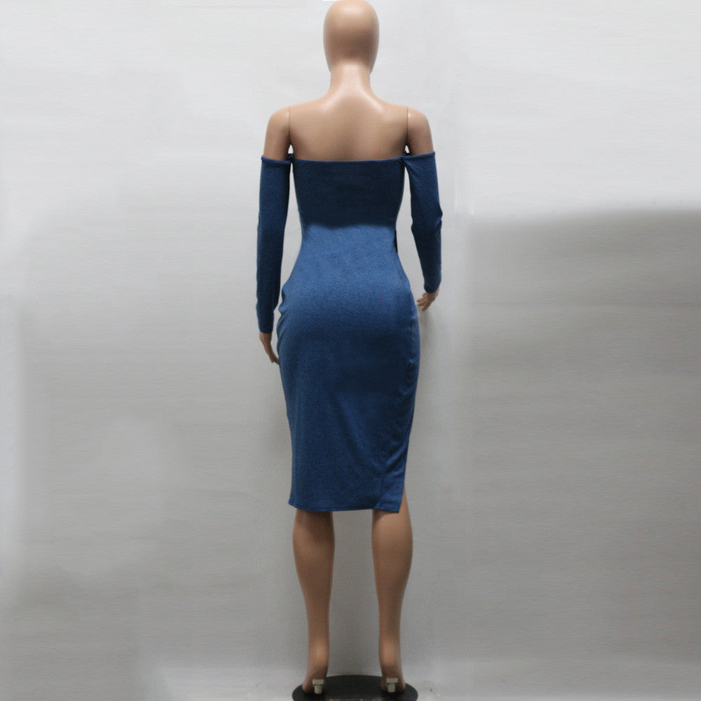 Off Shoulder Long Sleeve Front Split Bodycon Short Dress