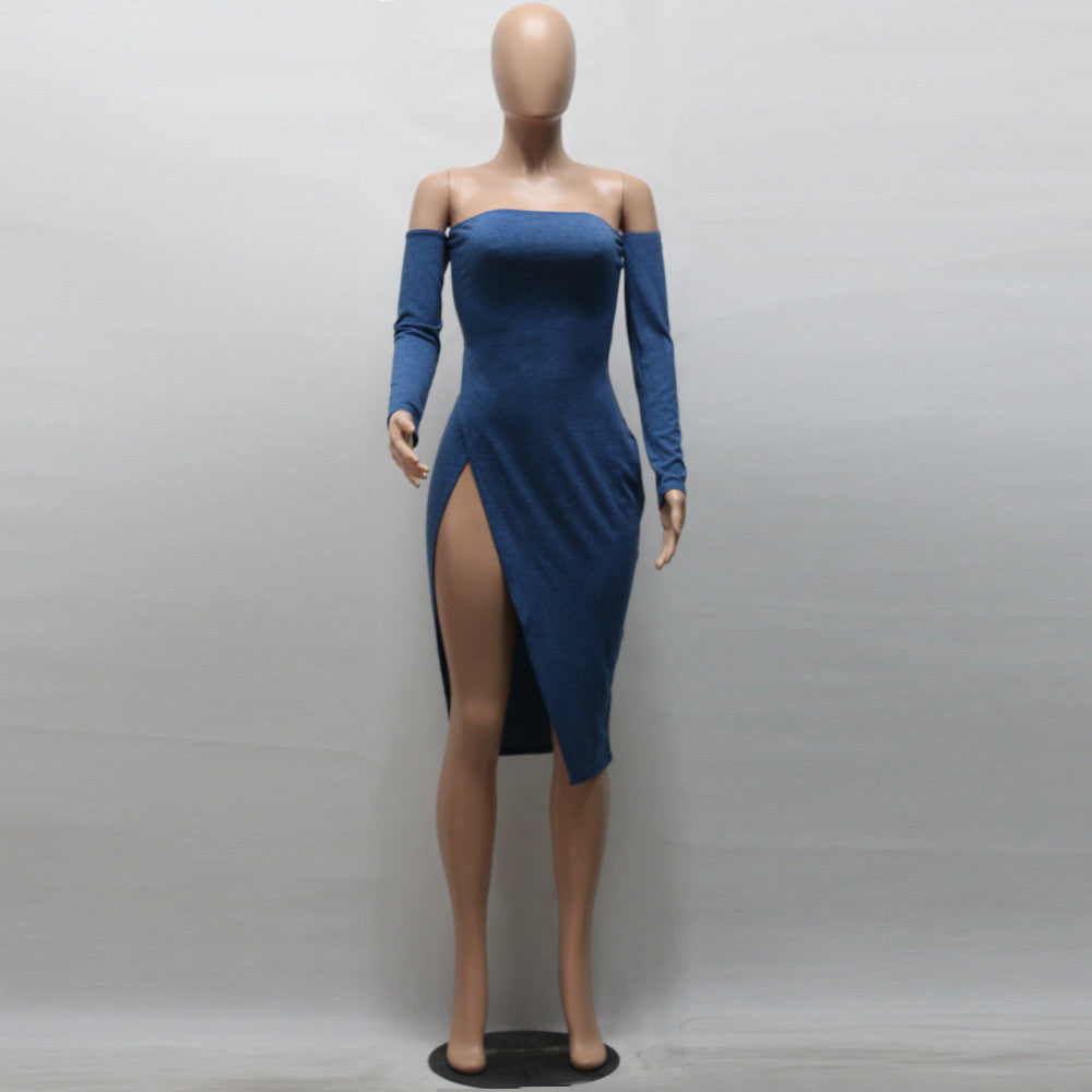 Off Shoulder Long Sleeve Front Split Bodycon Short Dress