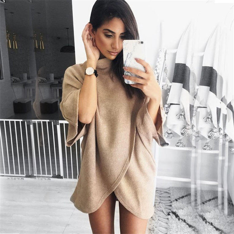 Fashion High Neck Wide Sleeve Loose Irregular Short Dress
